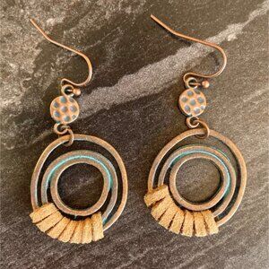 Bohemian Style Copper Toned Earrings 2"' L Blue and Suede Womens Hypoallergenic